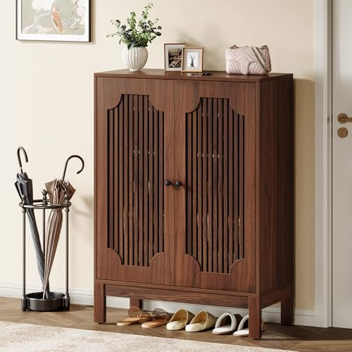Tribesigns Schuhschrank mit Lamellentüren, 5-stöckiger Schuhschrank mit verstellbaren Regalen, Schuhregal aus Holz für 20 Paar, Holzregal Organizer für Eingangsbereich, Flur, Wohnzimmer (Walnuss)