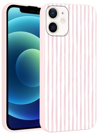 Yirlbey Fodral för iPhone 12 Mini (5,4 tum), med estetiskt mönster, rosa och vita ränder, för tjejer, stötsäker, mjuk stötfångare i rosa silikon, TPU, skydd för mobiltelefoner, ränder