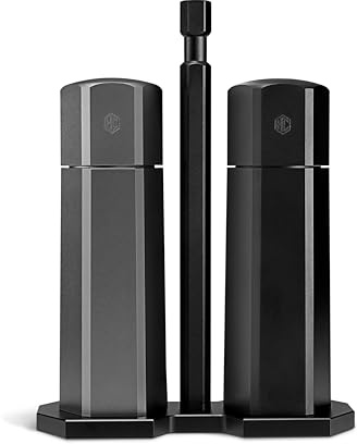 HexClad HexMill Tabletop Salt and Pepper Grinder Set with Stand, 10 Adjustable Grind Settings, High-Efficiency Burr, Solid Milled Aluminum Build, Easy-Fill Cap, Convenient 5.25 Size for Tabletop Use