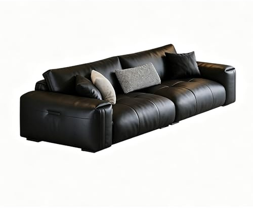 Italiensk retro modern minimalistisk svart lädersoffa, massiv träram, rymlig och mjuk soffa, modern stor storlek, lämplig för vardagsrum/kontor/lägenhet/hotell.