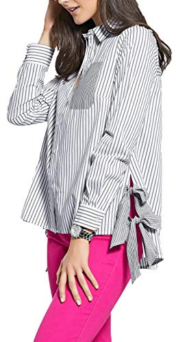 Patrizia DINI Vokuhila-Bluse modische Damen Streifen-Bluse zum Knoten Freizeit-Bluse Langarm-Bluse Schwarz/Weiß, Größe:40