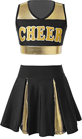 MSemis Cheer leader Kostüm Kinder Mädchen Cheerleading Uniform Cheerleadingkleid/Ärmellos Crop Top mit Minirock Halloween Tanzkostüm B- Schwarz 158-164