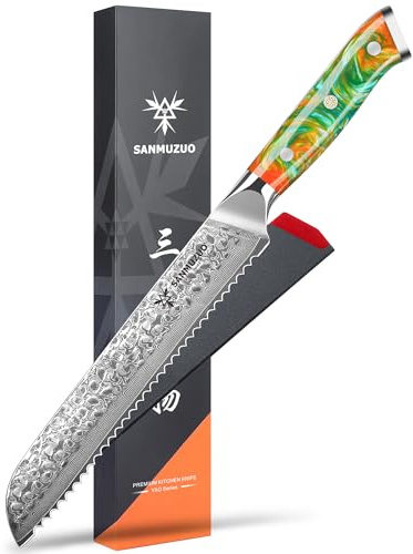 SANMUZUO 20 CM Coltello Da Pane Professionale - Forgiato 67 Strati Damasco in Acciaio e Resina Maniglia - Serie YAO