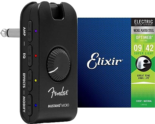 Fender Mustang Micro Amp – Der ultimative All-in-One Kopfhörer-Verstärker & Elixir 19077 Saiten E-Gitarrensaiten mit OPTIWEB Beschichtung, Super Light (.009-.042)