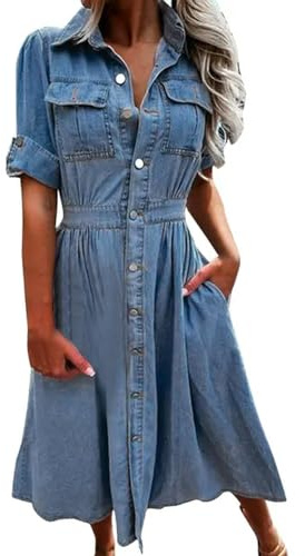 Abito in Denim da Donna a Maniche Corte con Risvolto, Tasca con Bottoni, Camicia di Jeans Lunga Ampia, Abito Lungo Estivo-Blu-M