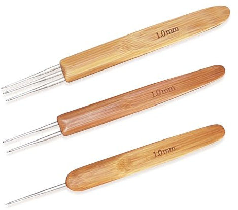 Dreadlock Crochet Hook for Hair, 3 PCS Dreadlock Crochet Hook Dreadlock Needle Tools Crochet Hooks Bamboo Latch Hook Crochet Needle with 1 Hook 2 Hooks 3 Hooks for Braid Craft(1mm)