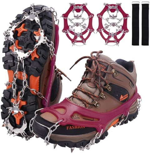 WIN.MAX stegjärn grödel isglasspikar, skoklor med 19 rostfritt stål tänder spikar skoklor grödling isspinnar för klättring bergsklättring trekking hög höjd vinter utomhus (röd, L)