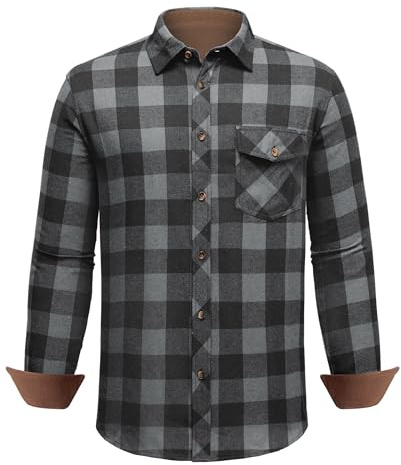 DEMEANOR flanellskjorta herr långärmad rutig flanellskjorta herr bomull skjorta rutig herr med bröstficka, Grå / svart, 5XL