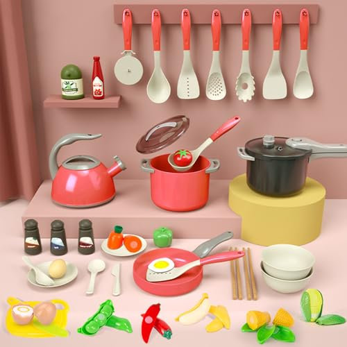 Kitchen Pretend Toy, Ruspela Role Play Mud Kitchens Accessories 41pcs Toddler Cooking Pot & Pan Set Kitchen Toy Accessories Cutting Fruits Food Utensils Cookware Toy Educational for Boys Girls