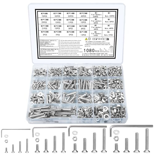 zrfgbxim 1080 Pcs M3 M4 M5 M6 Vis Boulons et Écrous, Boulons à Tête Fraisée Plate, Vis à Six Pans Creux Hexagonale avec Rondelles Assortiment Kit