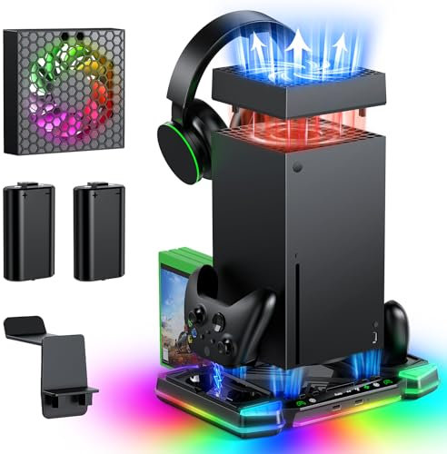 Upgraded Auto Cooling Fan System and Charging Stand for Xbox Series X Console & Controllers, Accessories with 11 RGB Lights & 2X1400 mAh Rechargeable Battery Pack & Headset Stand & Game Disc Storage