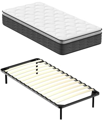 DEWINNER Materasso singolo 80x190 Materasso Molle e Schiuma 25cm + Rete Letto Singolo 80 x 190 in ferro a doghe,Legno Ortopedica con 6 piedi,Altezza 35cm，Confortevole e Traspirante, Da montare