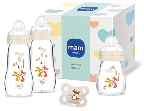 MAM Feel Good Glass Bottle Geschenk-Set | 0+ Mon | Babyflaschen-Set für Neugeborene | 94% Akzeptanz | stillfreundlich | hygienisch | 3 Glasflaschen & 1 Original Schnuller | beige