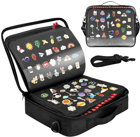 BOHEMIABY Libro de intercambio de 18 páginas para coleccionistas, correa de | Bolsa de exhibición de pines con etiquetas digitales, película protectora para insignias esmaltadas, funda portátil para