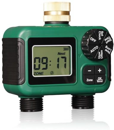 Yominerr 2 Prises Programmateur D'Arrosage Minuterie D'Arrosage IP55 Contrôleur D'Irrigation Étanche avec Affichage LCD pour 2 Zones D'Arrosage Séparées Système D'Arrosage Manuel et Automatique