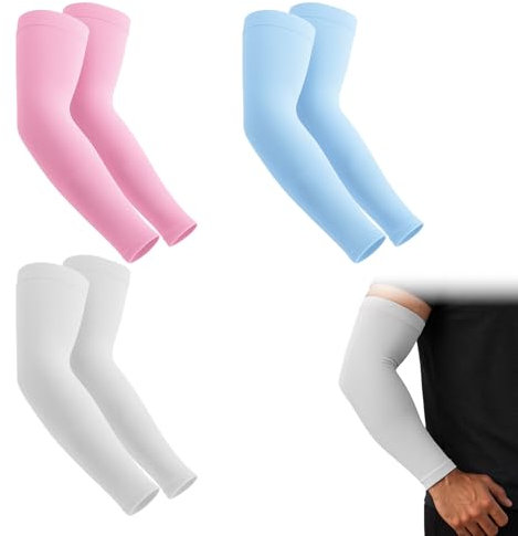 EUYKQNOI 3 Pares de Mangas para Brazos Protección Solar UPF 50+, Manguitos Unisex Transpirables para Ciclismo, Running, Golf - Blanco, Rosa, Azul, Cubre Tatuajes, Actividades al Aire Libre