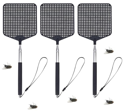 Maykafay Fly Swatter Pack of 3 Extendable Fly Swatters Plastic for Indoor and Outdoor Mosquito Wasp Pest Control With Long Handle Fly Swatters, Black