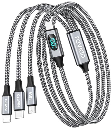 RAVIAD 100W USB C Multi Charger Cable [2M] 3 in 1 Fast Charging Cable with LED Display, USB C PD [100W]+Lightning[27W]+Micro[10W] for Galaxy S24/S23, iPhone 15/14/13, MacBook Pro/Air, Pad Pro/Air