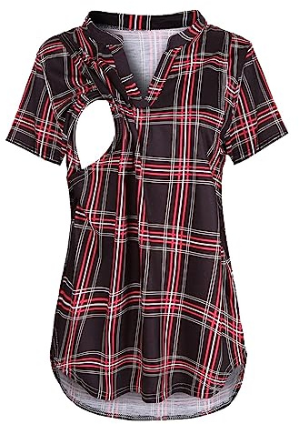 Vestido de novia Embarazadas Maternidad Verano Manga Corta Cuello en V Estampado a Cuadros Tops Camiseta para Lactancia Mujer Blusa de Lactancia Mujer Casacas con Patrón, Negro , L