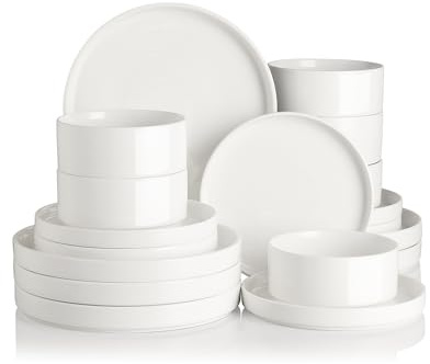 Sweejar Home Service de table 18 pièces en porcelaine pour 6 personnes - Assiettes et bols en céramique - Classique et moderne - Passe au lave-vaisselle et au micro-ondes (blanc pur)