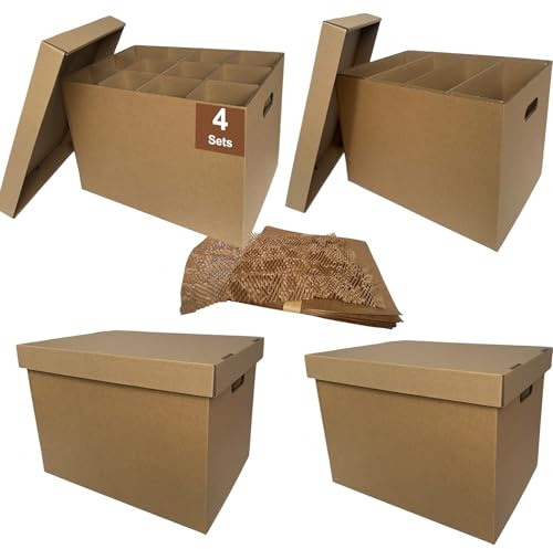 CH-BOX Kitchen Moving Boxes with Wine Dish Glass Packaging Divider Kits and Cushion Wraps, 4 Pack 17x12x12'', Reinforced Handles, Tape-Free (CK171212)