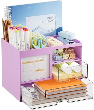 Marbrasse Organizer Scrivania con 3 Cassetti,Grande Capacità Portapenne da Scrivania,Organizzatore Scrivania con 4 Scomparti Accessori,per Ufficio Casa Scuola(Viola)