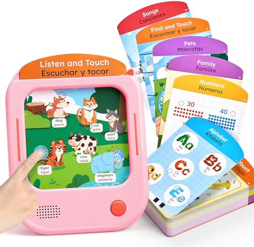 JoyCat Bilingual Kids Learning Tablet, English & Spanish Talking Flash Cards with 106 Pages, 20 Interactive Games, Montessori Learning Toy for Alphabet, Words, Numbers & Songs, Gift for Toddlers 2-6