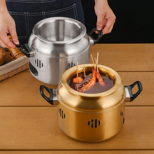 Pentola a forma di tamburo in acciaio inox per Shabu Shabu e piatti caldi con compatibilità su più tipi di bruciatori (dorato senza coperchio)