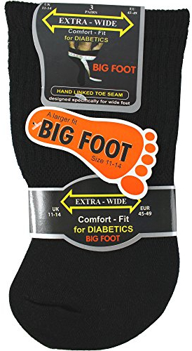 Mens Black Extra Wide Big Foot Comfort Fit Diabetic Socks (3 Pair Pack), UK 11-14 (EU 45-49), Black