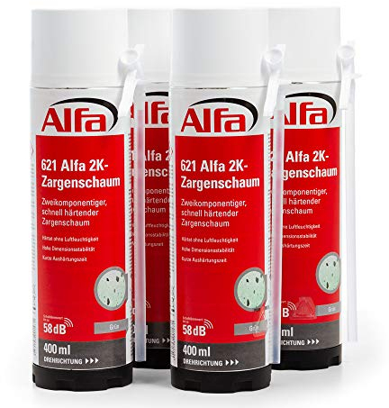 621 ALFA - Mousse PU expansive bi-composants 400ml manuelle pour châssis, 4 pièces, à durcissement rapide, rendement du volume 12-14 l (une fois posé)