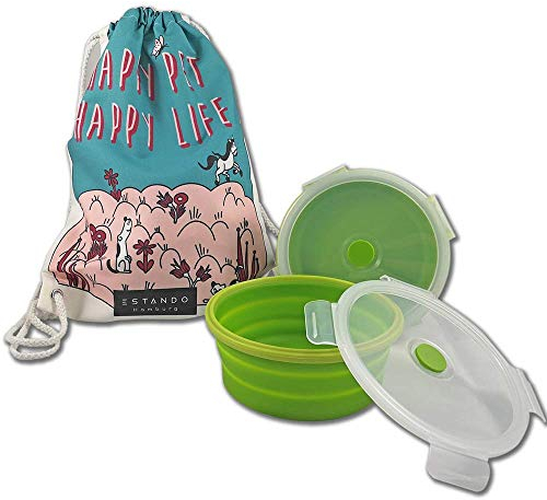 ESTANDO 2er Set Faltbarer Hundenapf mit Deckel für unterwegs + Turnbeutel Hipster | 800 ml Silikon Futternapf mit Deckel (BPA-frei) | Fressnapf fest verschließbar für Nassfutter | Reisenapf groß