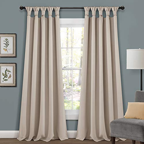Lush Decor Insulated Knotted Tab Top Room Darkening Window Curtain Panels Pair 52W x 95L Wheat - Long Living Room Curtains - Beige Bedroom Curtains