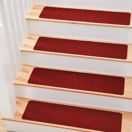 MBIGM 15er Set Stufenmatten 20 cm X 76 cm Treppenteppich Selbstklebend Sicherheit Stufenteppich für Kinder, Älteste und Haustiere, Rot