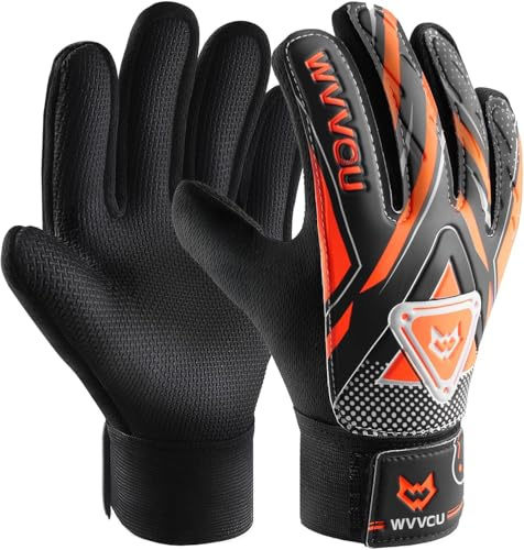 WVVOU Barn junior målvaktshandskar, pojkar och flickor fotbollshandskar med dubbelt handledsskydd och halkfritt slitstarkt latexmaterial, för att ge fantastiskt skydd för att förhindra skador (7, orange)