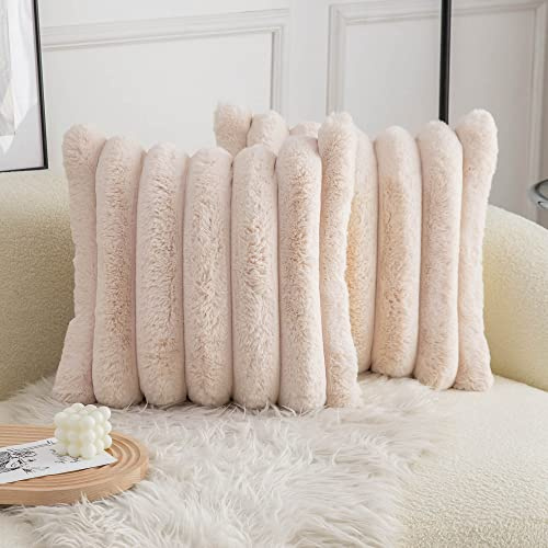 Neelvin Beige Faux Fur Cozy Soft Striped Decorative Throw Pillow Covers 18x18 inch（45x45cm） Set of 2,Velvet Pillowcase Cushion Case for Sofa Couch