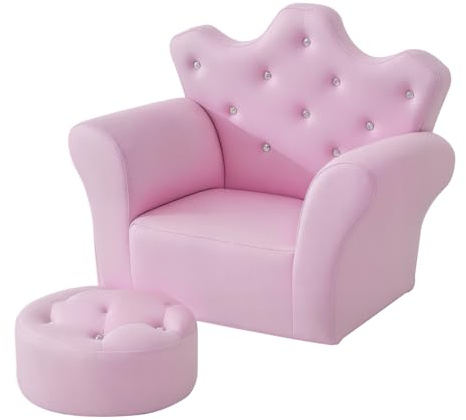 Qaba Kids Sofa Set, Children's Upholstered Sofa with Footstool, Princess Sofa with Diamond Decorations, Baby Sofa Chair for Toddlers, Girls, Pink