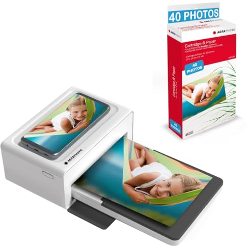 AGFA Photo Realipix Moments Drucker-Paket + Patronen und Papiere für 40 zusätzliche Fotos – Bluetooth-Fotodruck 10 x 15 cm Smartphone Apple und Android, 4 Pass Sublimation Thermal – Weiß