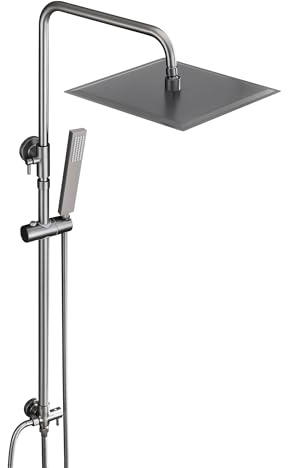 Görbach Edelstahl Duschset ohne Armatur, Regendusche Duschsystem mit Duschkopf, Duschstange, Duschschlauch, Wassersparend, Kopfbrause Eckig 30x30cm Gunmetal Grau