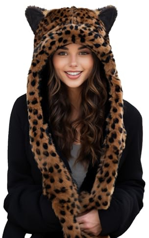 PowerKing Plush Novelty Animal Hat, 3-in-1 Faux Fur Hood Winter Warmer Cap and Stylish Full Animal Hat (Brown Leopard)