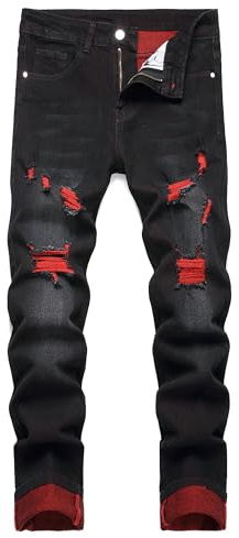 JUNBAOSS Men's Ripped Slim Fit Jeans Straight Leg Distressed Patch Jeans Men's Casual Slim Fit Jeans Skinny Jeans Mens Ripped Skinny Stretch Distressed Destroyed Slim Denim Pants, Black 7804, Size 38
