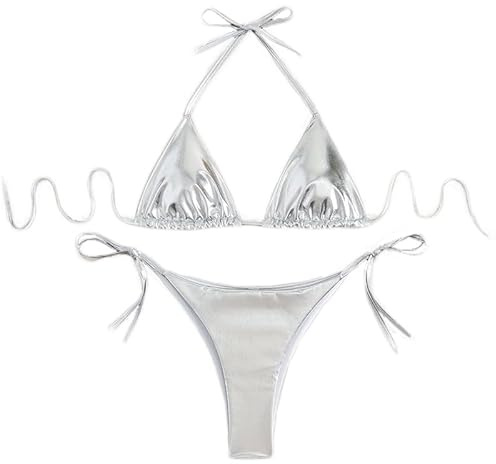 THSCWY Dam metallisk bikini grimma topp tvådelad baddräkt slips sida triangel bikini med vadderad silver liten