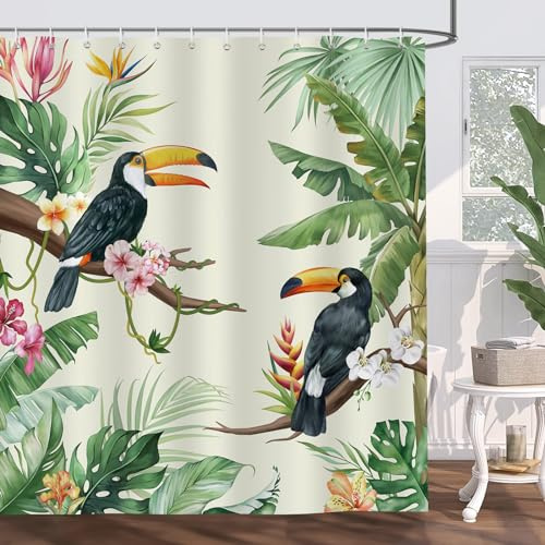 Bonhause Duschvorhang Tropische Vögel Tukan Grün Palmblätter Papagei Duschvorhänge 180 x 180 cm Anti-Schimmel Wasserdicht Polyester Stoff Waschbar Bad Vorhäng für Badzimmer mit 12 Haken