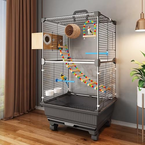 WXXSHGDW Large Bird Cage, Parrot Cage, Parakeet Bird Cage with Wheels, Indoor Bird Cages with Tray, Bird Nest, Breeding Box(Black)