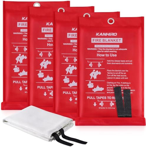 Emergency Fire Blanket for Home Kitchen - KANHIRO 1m X 1m Quick Unfolding with Loops Fiberglass Flame Retardant Fire Blankets for School, Garage, Camping, Fireplace, Grill, Office (4 Pack)