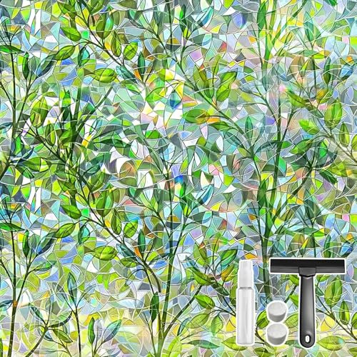 Qualsen Rainbow Window Film Privacy Film for Glass Windows Green Leaf Pattern Stained Glass Window Films Anti UV Static Cling Decorative Windows Vinyl for Home Bedroom Office 60x200cm