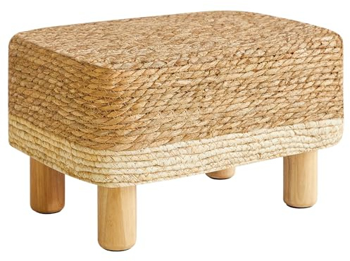 YMYNY Foot Stool Rectangular Footrest Natural Seagrass Hand Weave Pouf Ottoman with Wooden Legs Small Footstool for Living Room 42×30×26CM White HBD043W