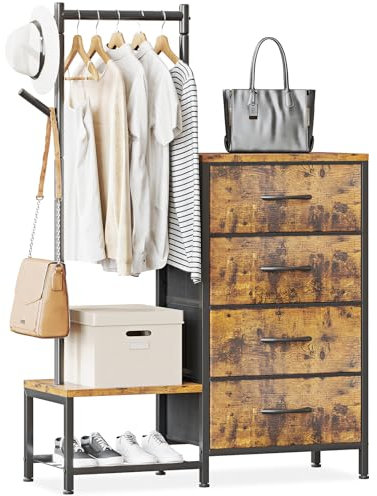 ODK Cassettiera Camera da Letto 3 in 1, con un Appendiabiti da Terra, Doppia Scarpiera e Due Ganci per Cappotti, con 4 Cassetti in Tessuto, Adatto a Camere da Letto e Ingressi, Colori Vintage