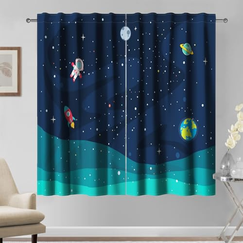 Kzzfqxb 140x229cm Tende da Esplorazione Spaziale 2 Pannelli, Astronauta Terra Pianeti Galassia da Finestra con Asta, Decorazione Fantasy Blu per Bambini Ragazzi Camera da Letto Soggiorno Asilo Nido