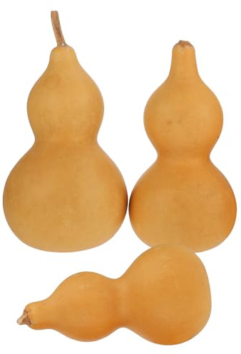 DECOMELODY Set da 3 Zucche Ornamentali Naturali Feng Shui, Decorazioni da Tavolo in Legno Leggero 9-12 Cm, Ornamenti Artigianali per Casa, Ufficio e Scrivania Simbolo di Prosperità