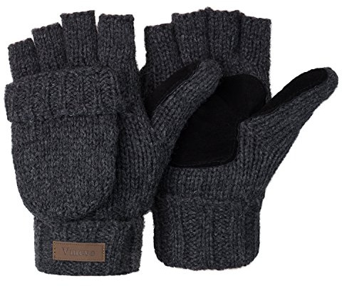 ViGrace Winter Knitted Convertible Fingerless Gloves Unisex Warm Wool Mitten Glove for Women and Men